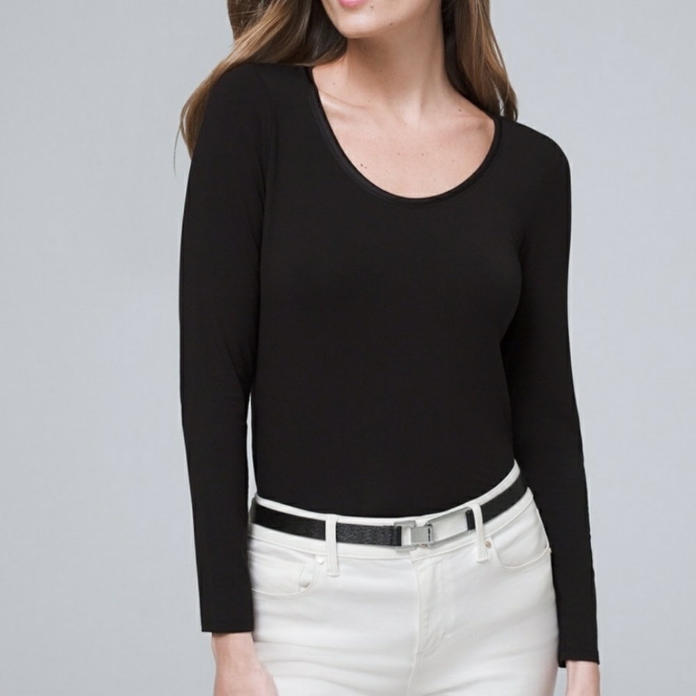 White House Black Market Black Long Sleeve Scoop Neck Top, M
